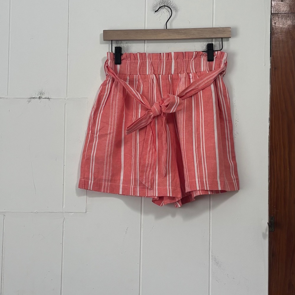 Mi‎ Ami Coral Pink White Striped Paperbag Waist Cotton Shorts Small NWT